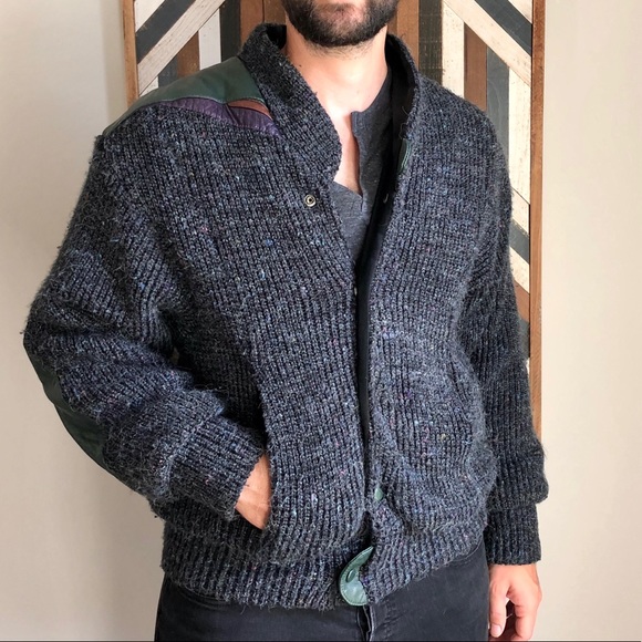 SOLD⚡️Medium 80s vtg chunky knit bomber jacket + leather - Picture 2 of 11